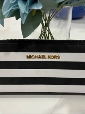 Michael Kors Navy and White Striped Long Zip Around Wallet Gold Logo
